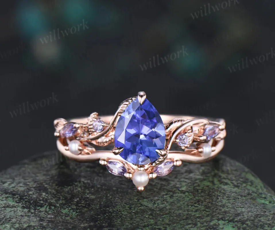 Pear tanzanite engagement ring set leaf pearl 14k rose gold wedding ring set jewelry sold by Willwork Jewelry