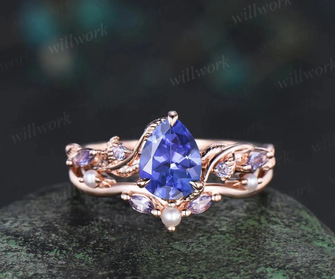 Pear tanzanite engagement ring set leaf pearl 14k rose gold wedding ring set jewelry sold by Willwork Jewelry product image thumbnail 3