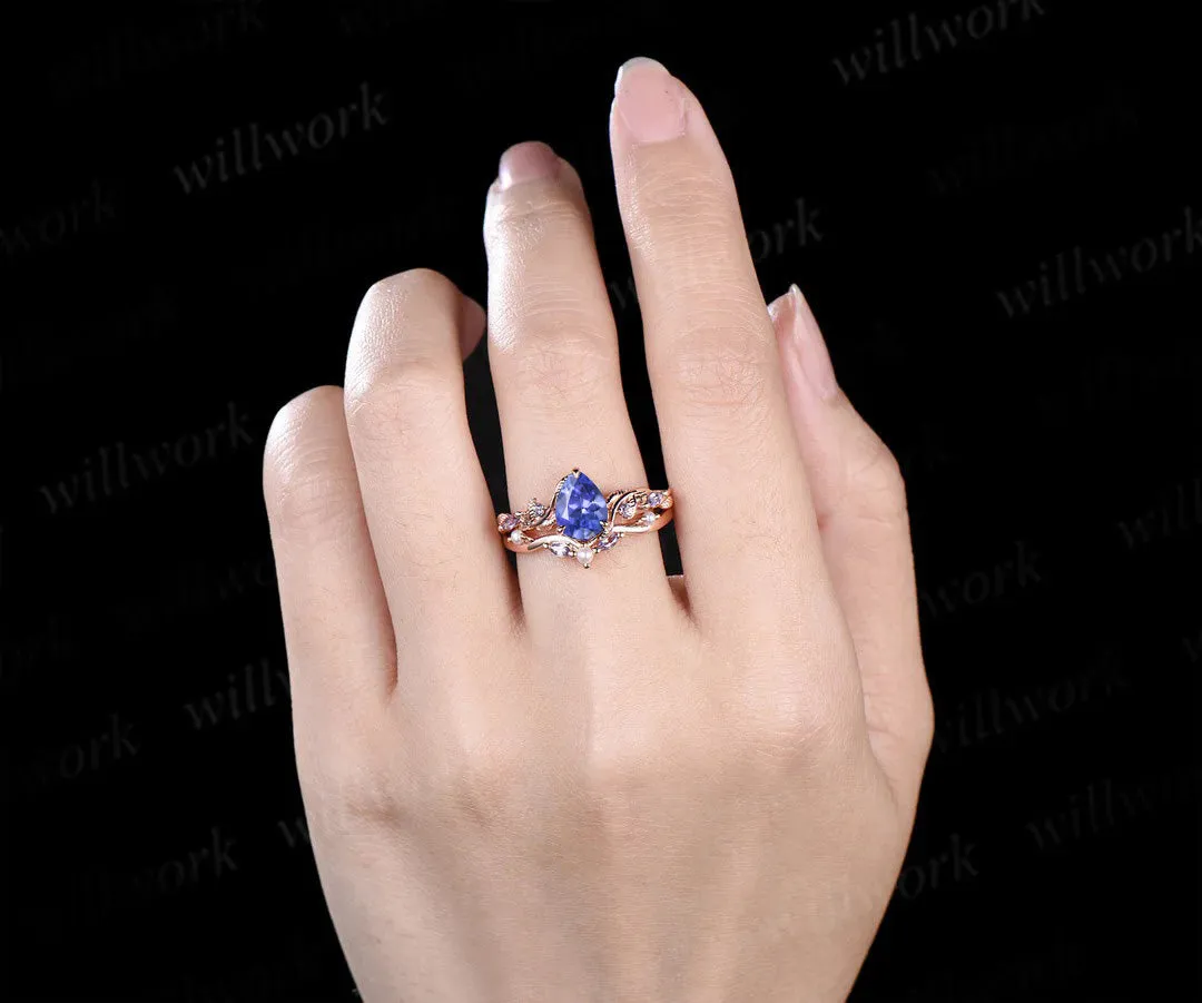 Pear tanzanite engagement ring set leaf pearl 14k rose gold wedding ring set jewelry sold by Willwork Jewelry product image thumbnail 4