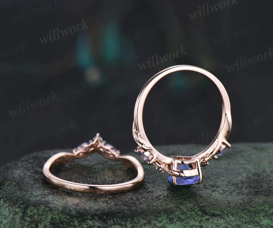 Pear tanzanite engagement ring set leaf pearl 14k rose gold wedding ring set jewelry sold by Willwork Jewelry product image thumbnail 5