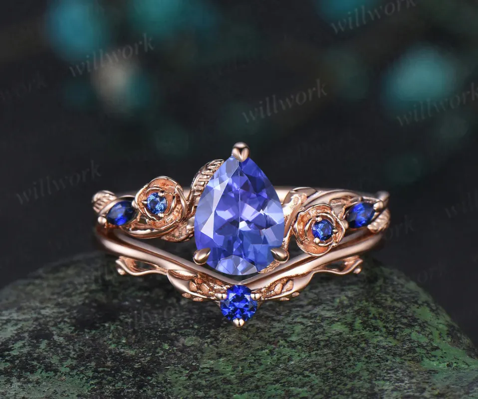 Pear natural Tanzanite engagement ring set rose gold sapphire leaf floral flower bridal ring set women sold by Willwork Jewelry