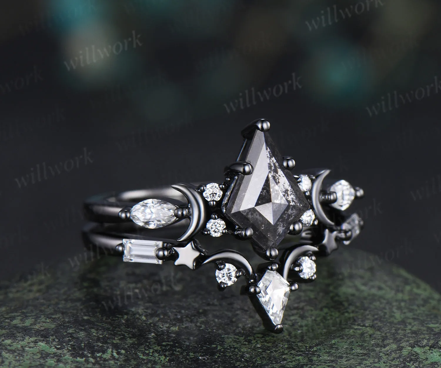 Kite cut salt and pepper diamond engagement ring set moon moissanite ring star curved wedding band anniversary gifts sold by Willwork Jewelry product image thumbnail 4