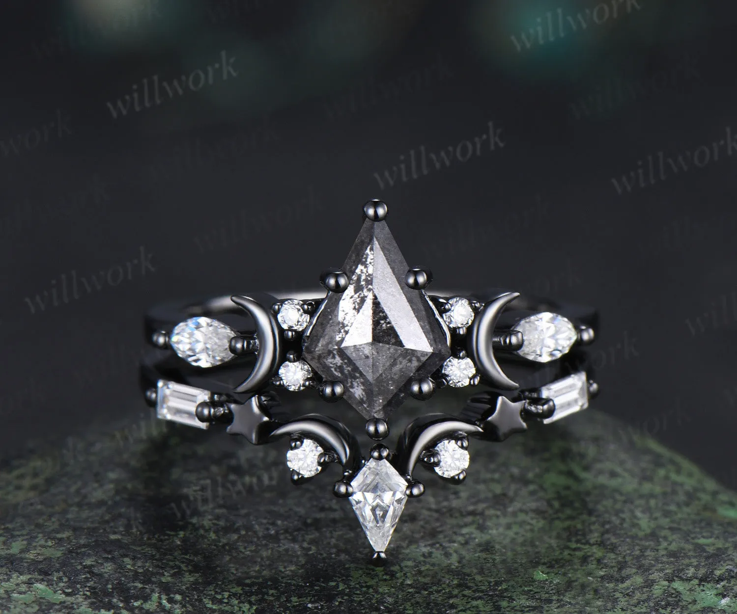 Kite cut salt and pepper diamond engagement ring set moon moissanite ring star curved wedding band anniversary gifts sold by Willwork Jewelry