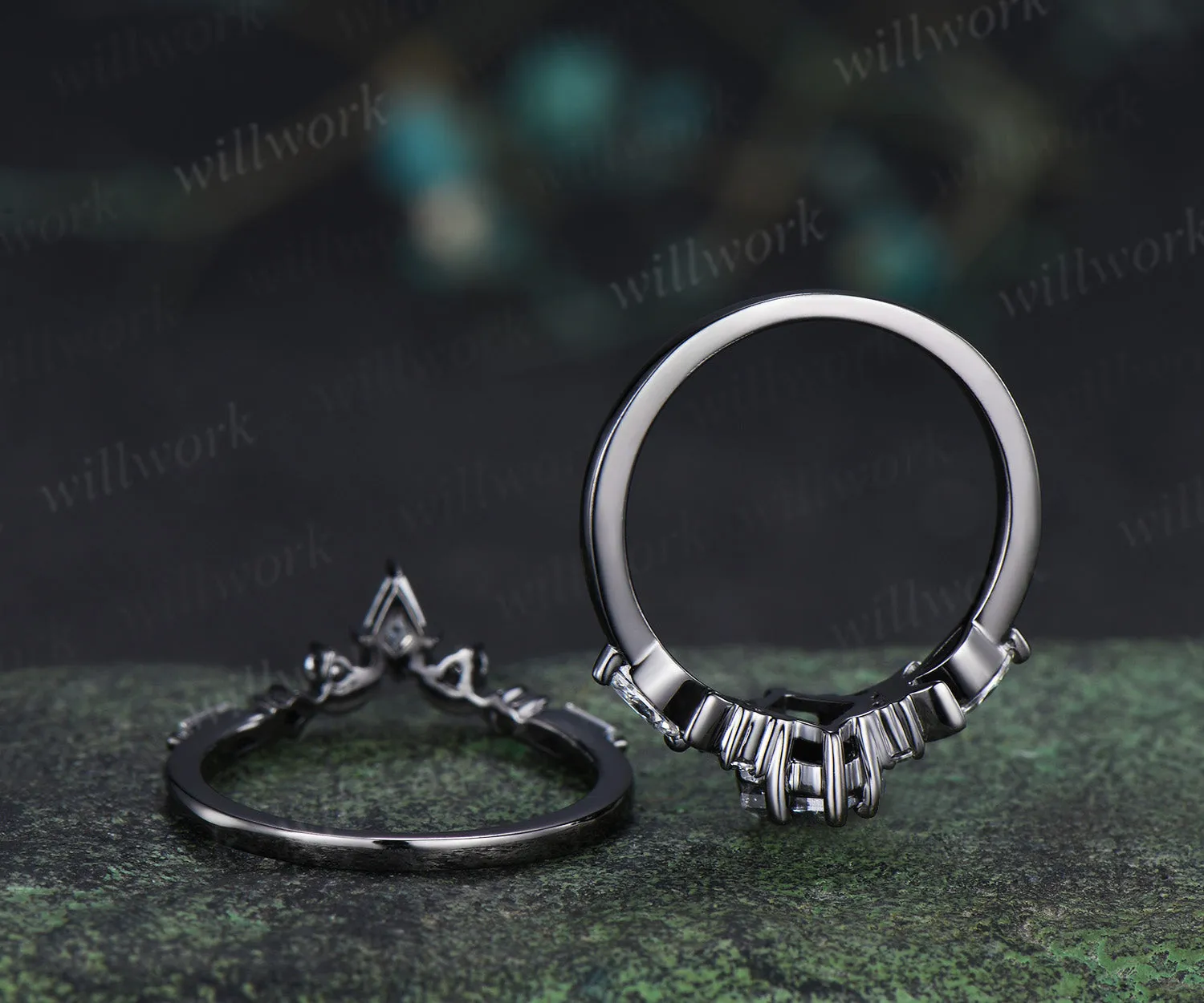 Kite cut salt and pepper diamond engagement ring set moon moissanite ring star curved wedding band anniversary gifts sold by Willwork Jewelry product image thumbnail 5