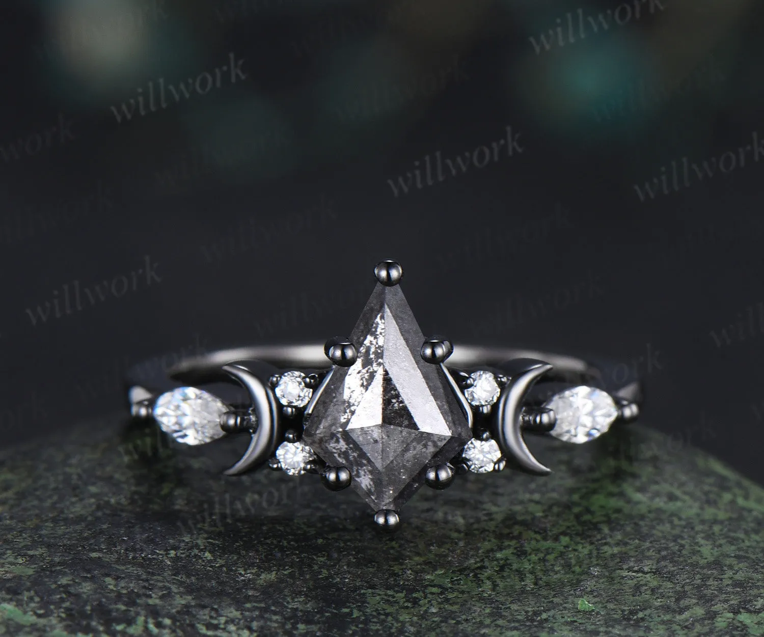 Kite cut salt and pepper diamond engagement ring set moon moissanite ring star curved wedding band anniversary gifts sold by Willwork Jewelry product image thumbnail 3