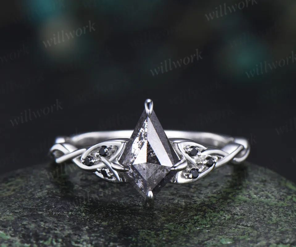 Kite cut salt and pepper diamond engagement ring celtic knot black diamonds twisted wedding ring unique promise ring sold by Willwork Jewelry