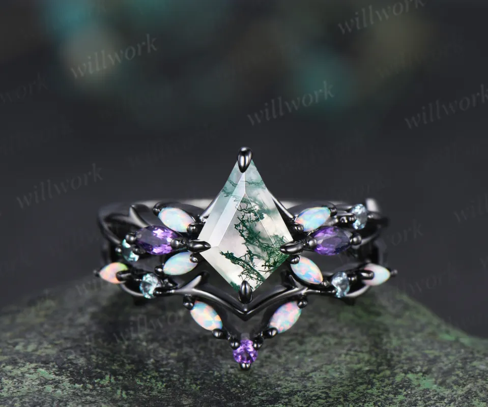 7x10mm kite cut moss agate engagement ring set gothic twig opal amethyst alexandrite cluster ring branch wedding band unique bridal set sold by Willwork Jewelry