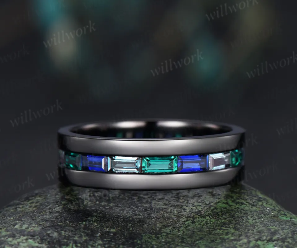 Unique baguette cut emerald sapphire alexandrite men ring black gold half eternity mens wedding band anniversary gifts sold by Willwork Jewelry