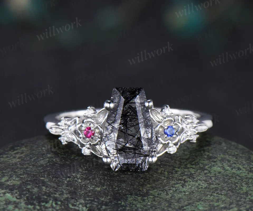 Gothic coffin cut black rutilated quartz engagement ring leaf floral ruby sapphire moissanite cluster ring unique gifts for her made by Willwork Jewelry