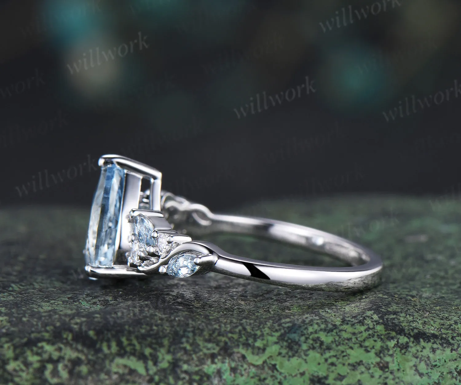6x8mm pear cut aquamarine engagement ring marquise aquamarines moissanites cluster promise ring March birthstone jewelry gifts sold by Willwork Jewelry product image thumbnail 4