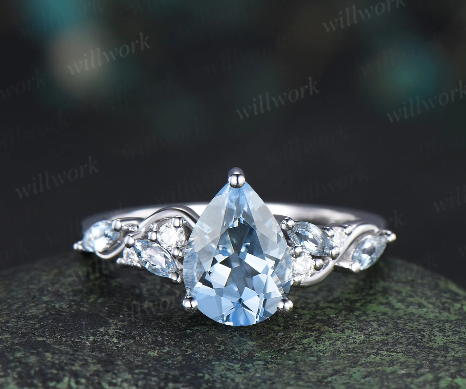 6x8mm pear cut aquamarine engagement ring marquise aquamarines moissanites cluster promise ring March birthstone jewelry gifts sold by Willwork Jewelry