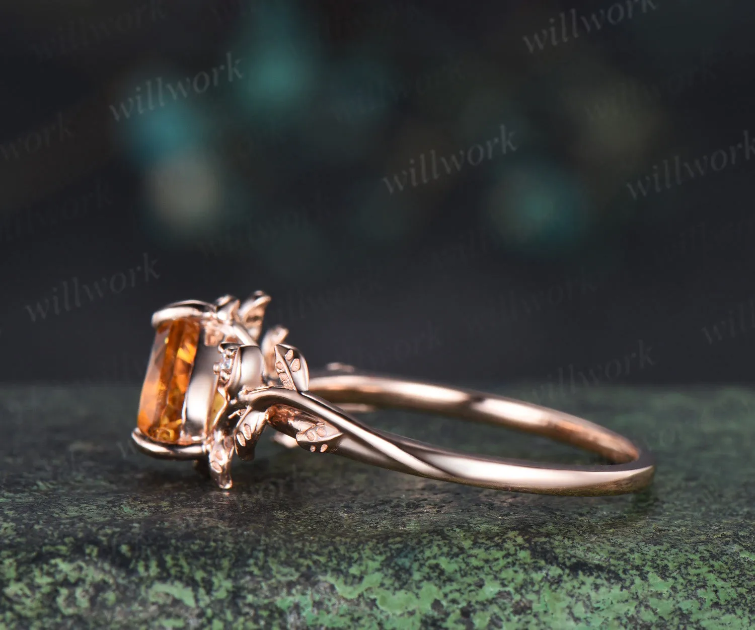 Heart shaped yellow citrine engagement ring rose gold twig leaf Nature inspired moon diamond anniversary ring women gift sold by Willwork Jewelry product image thumbnail 4
