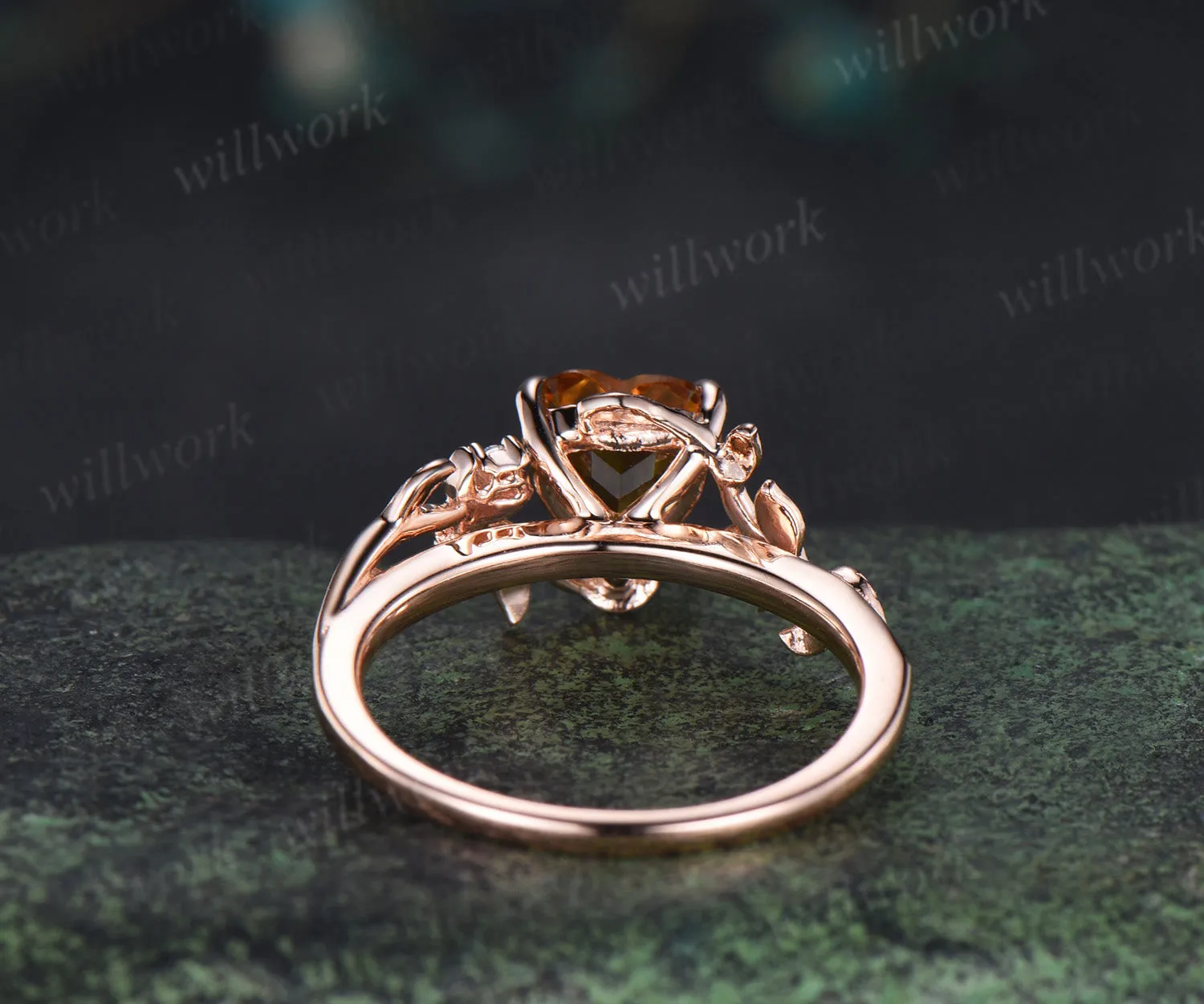 Heart shaped yellow citrine engagement ring rose gold twig leaf Nature inspired moon diamond anniversary ring women gift sold by Willwork Jewelry product image thumbnail 5