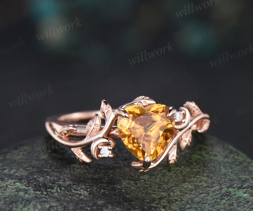 Heart shaped yellow citrine engagement ring rose gold twig leaf Nature inspired moon diamond anniversary ring women gift sold by Willwork Jewelry