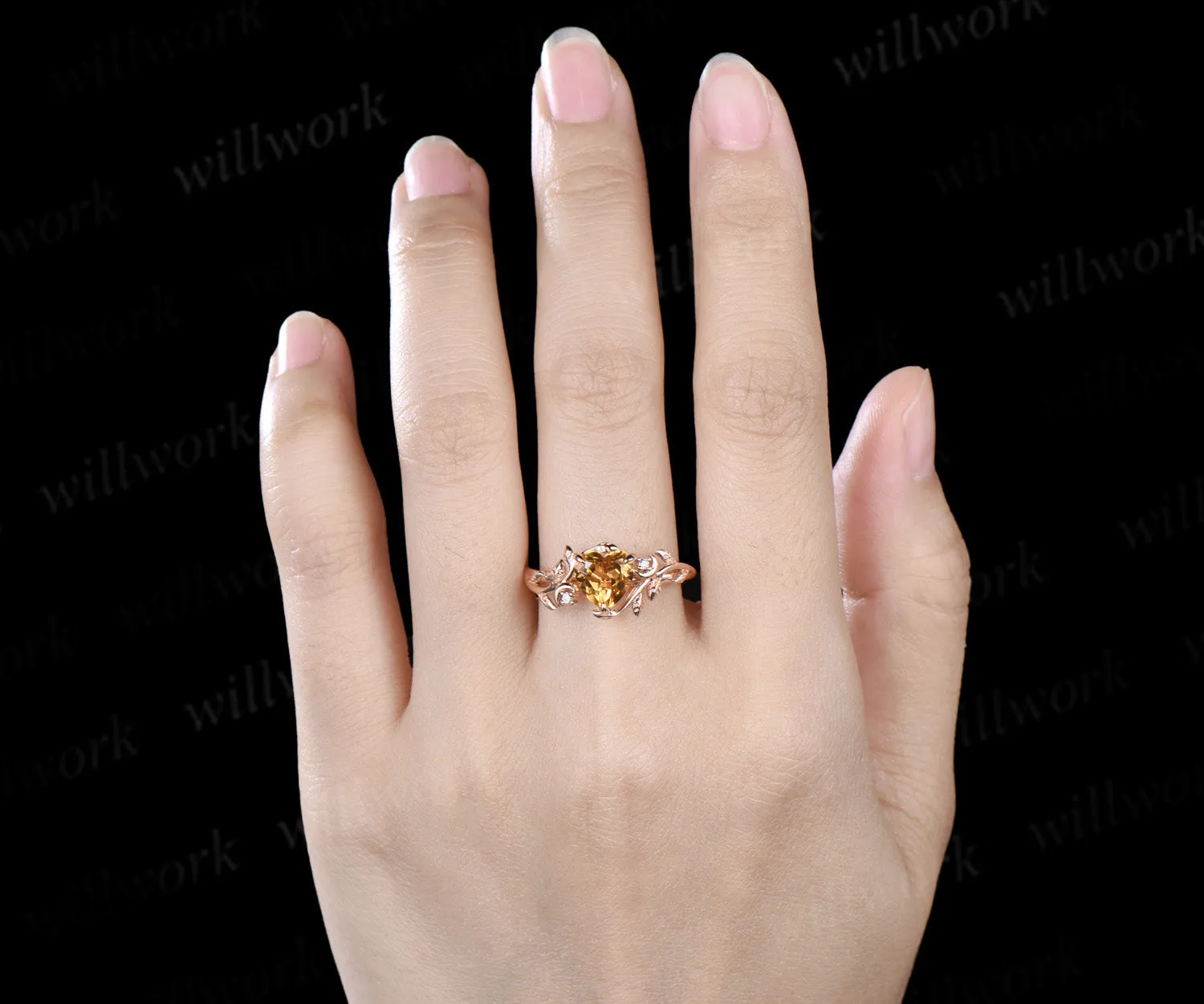 Heart shaped yellow citrine engagement ring rose gold twig leaf Nature inspired moon diamond anniversary ring women gift sold by Willwork Jewelry product image thumbnail 3