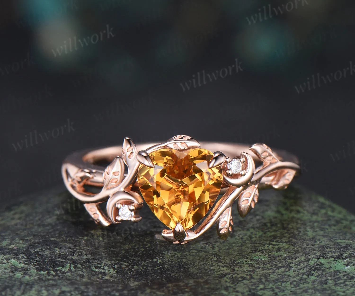 Heart shaped yellow citrine engagement ring rose gold twig leaf Nature inspired moon diamond anniversary ring women gift sold by Willwork Jewelry product image thumbnail 2