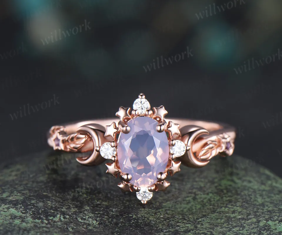 Oval lavender amethyst engagement ring moon star moissanite leaf ring nature inspired promise ring for women sold by Willwork Jewelry