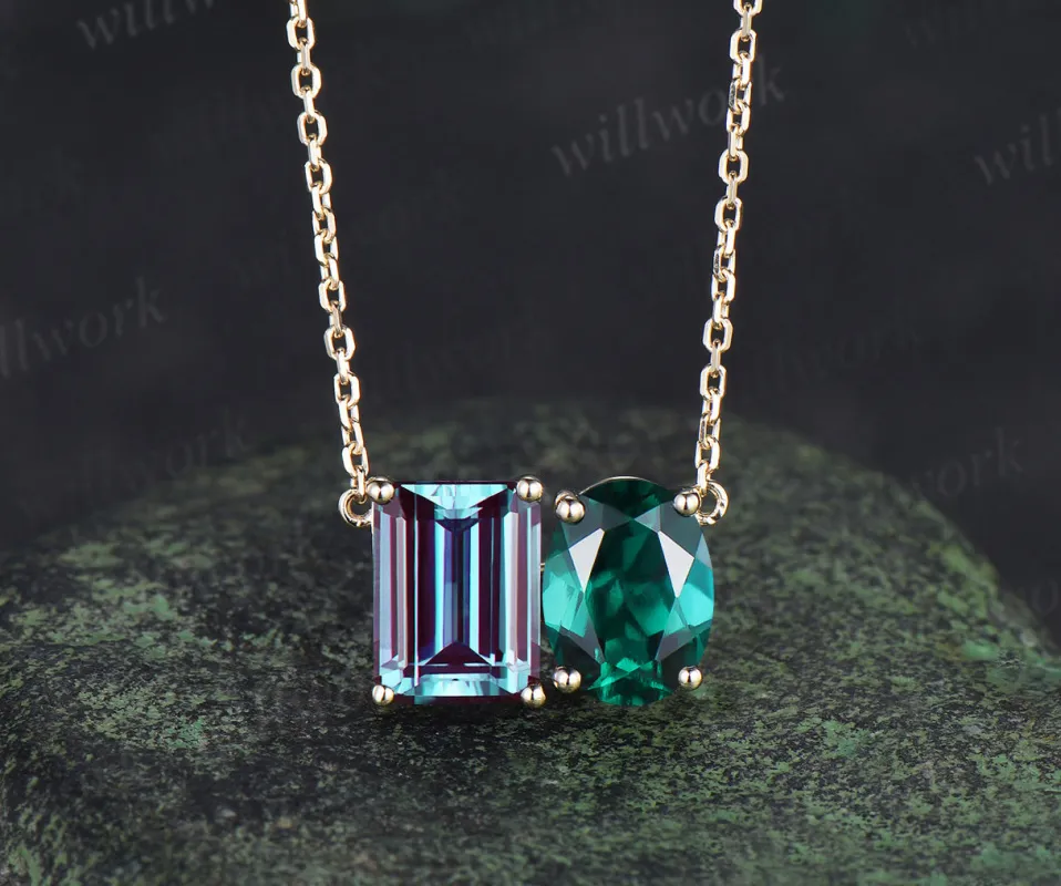 Emerald cut alexandrite oval emerald pendant necklace minimalist two stones Toi et Moi pendant couple birthstone necklace made by Willwork Jewelry