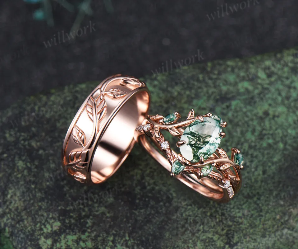 Oval Cut Moss Agate Engagement Ring Set & Leaf Twig Engraved Men Wedding Band Nature Inspired Couple Ring Set sold by Willwork Jewelry