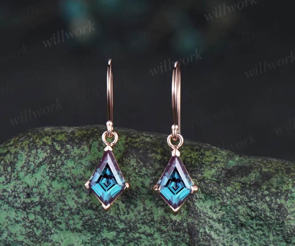 Kite cut alexandrite drop earrings solitaire minimalist earring hooks June birthstone jewelry gifts sold by Willwork Jewelry
