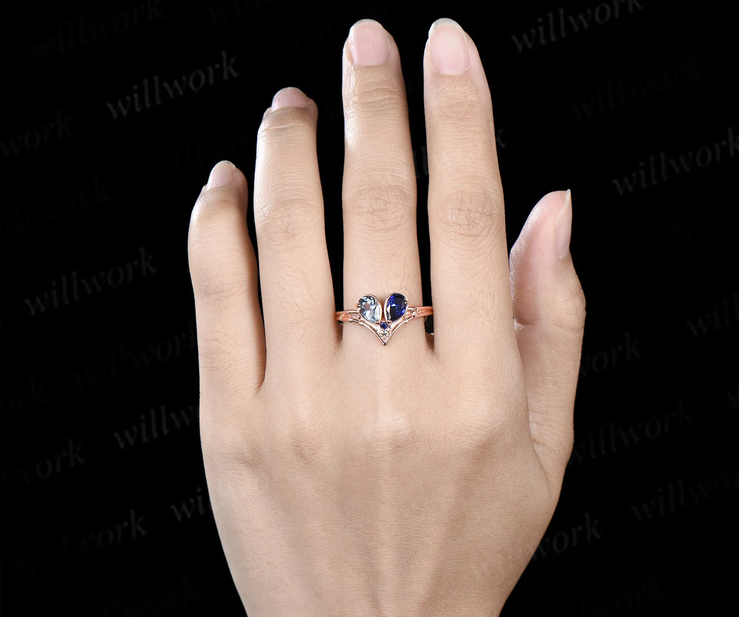 Toi et moi pear aquamarine sapphire engagement ring heart shape gemstone birthstone ring unique gifts for bff couple sold by Willwork Jewelry product image thumbnail 2