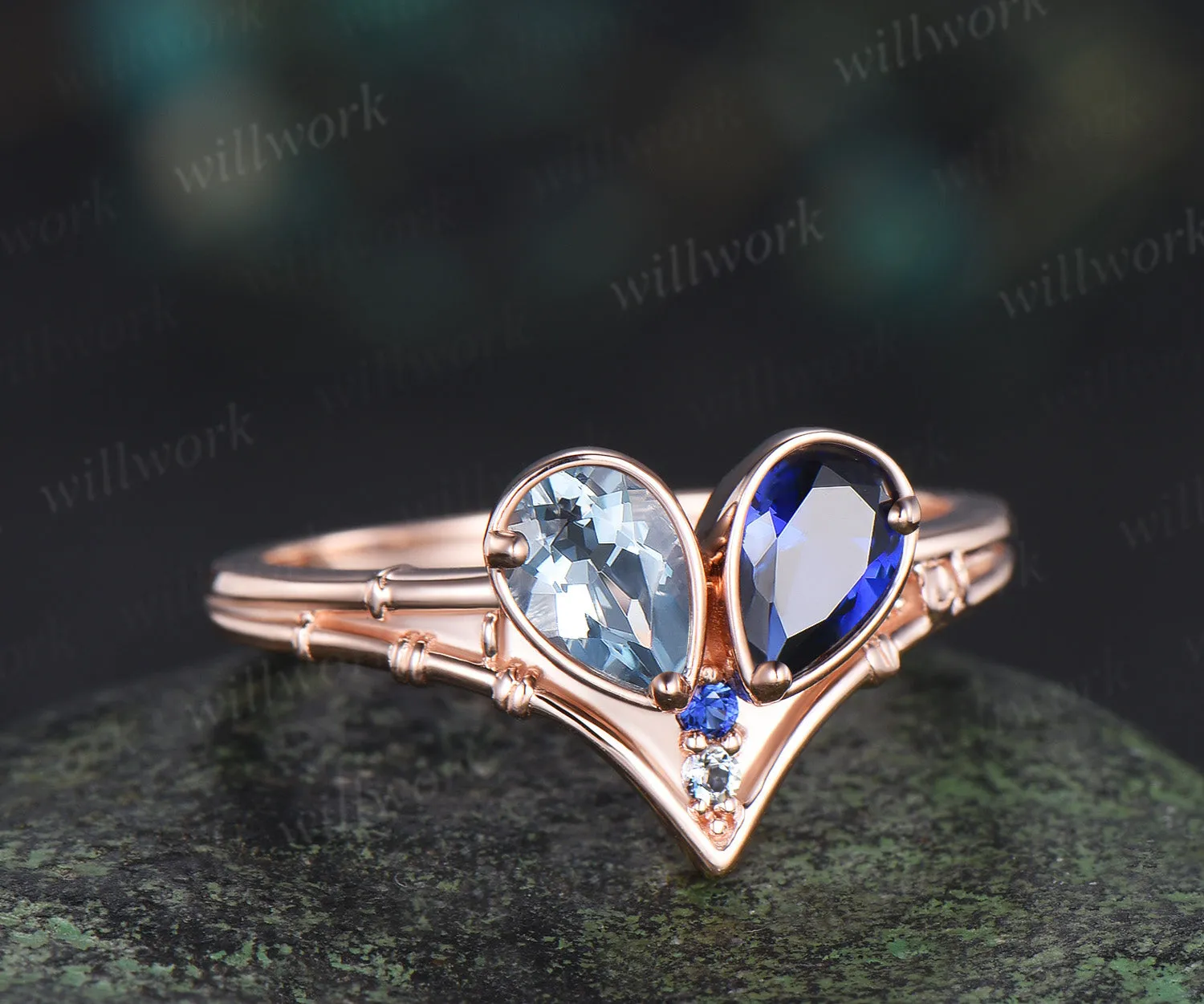 Toi et moi pear aquamarine sapphire engagement ring heart shape gemstone birthstone ring unique gifts for bff couple sold by Willwork Jewelry product image thumbnail 4
