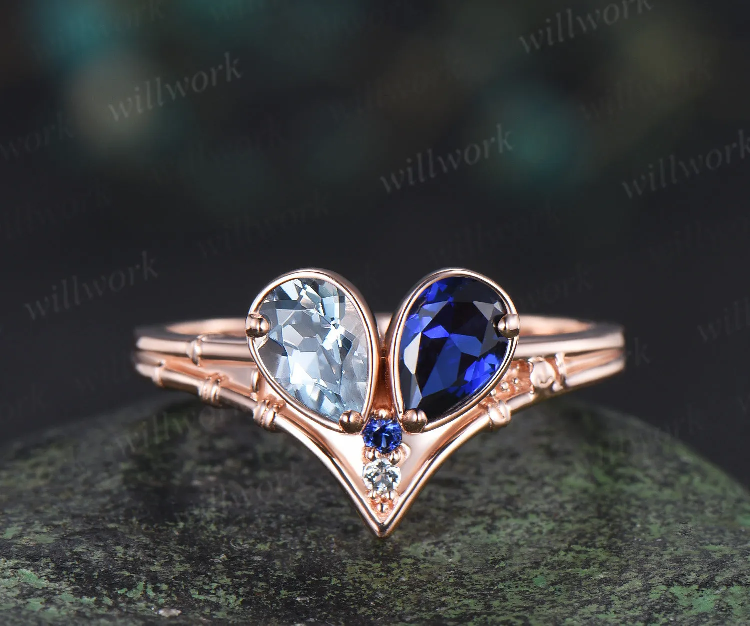 Toi et moi pear aquamarine sapphire engagement ring heart shape gemstone birthstone ring unique gifts for bff couple sold by Willwork Jewelry