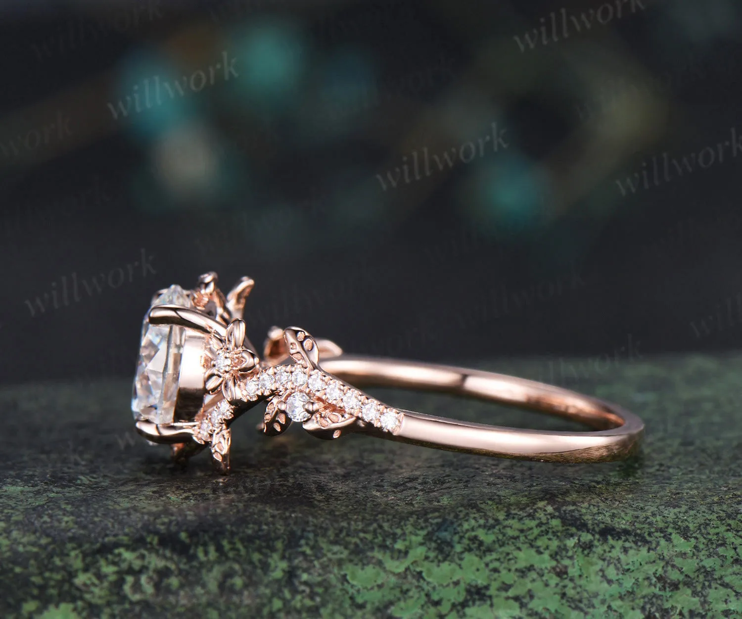 Oval cut green sapphire engagement ring moissanites diamonds cluster promise ring unique bridal ring sold by Willwork Jewelry product image thumbnail 5