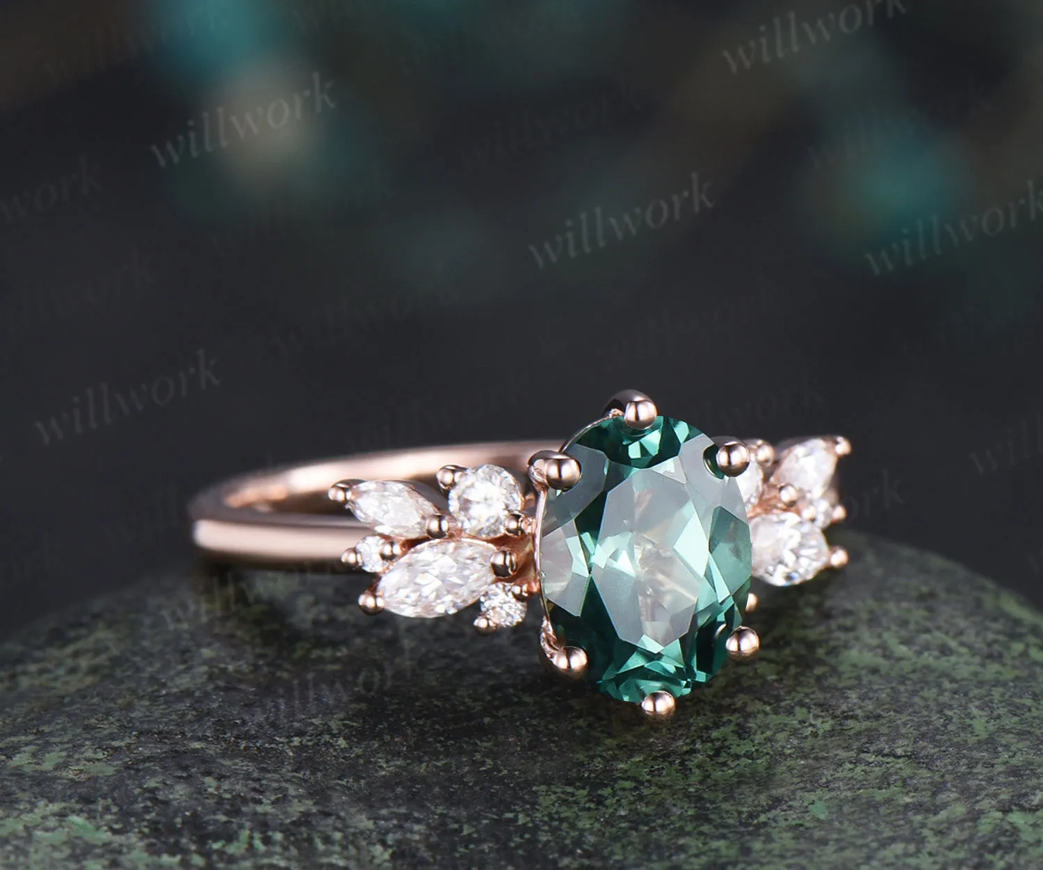 Oval cut green sapphire engagement ring moissanites diamonds cluster promise ring unique bridal ring sold by Willwork Jewelry product image thumbnail 3