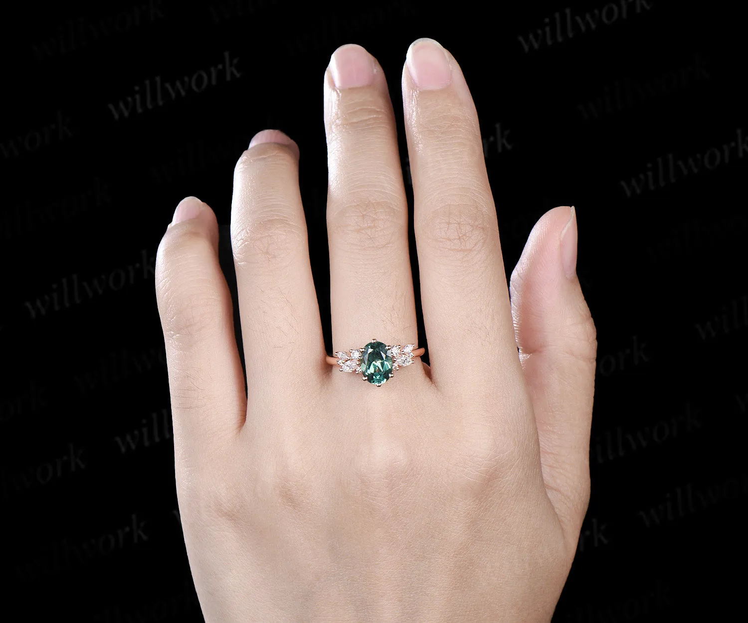 Oval cut green sapphire engagement ring moissanites diamonds cluster promise ring unique bridal ring sold by Willwork Jewelry product image thumbnail 2