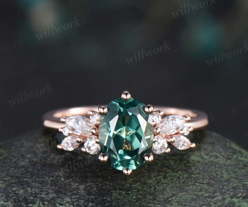 Oval cut green sapphire engagement ring moissanites diamonds cluster promise ring unique bridal ring made by Willwork Jewelry