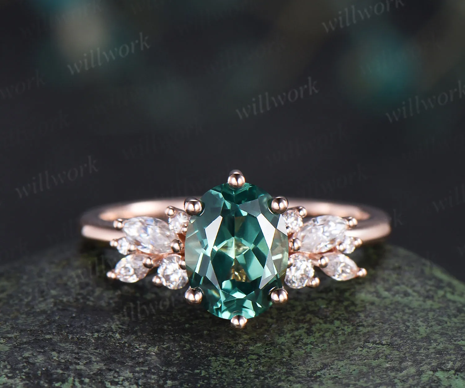 Oval cut green sapphire engagement ring moissanites diamonds cluster promise ring unique bridal ring sold by Willwork Jewelry
