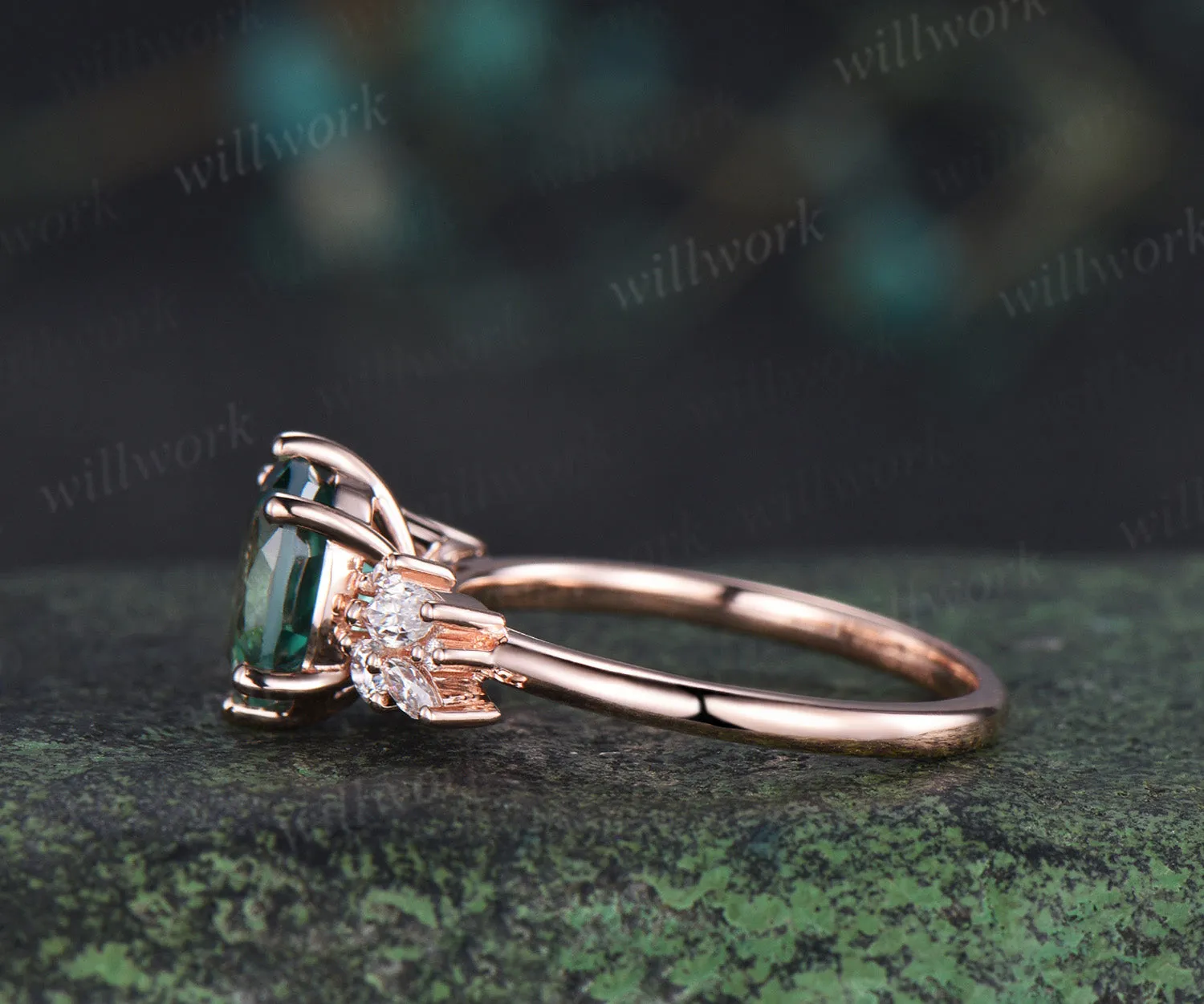 Oval cut green sapphire engagement ring moissanites diamonds cluster promise ring unique bridal ring sold by Willwork Jewelry product image thumbnail 4