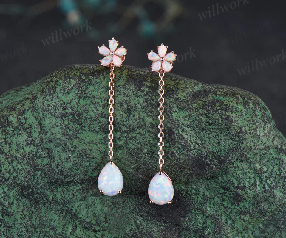Pear cut opal threader earrings flower drop earrings dainty opal earrings birthday anniversary wedding gifts sold by Willwork Jewelry