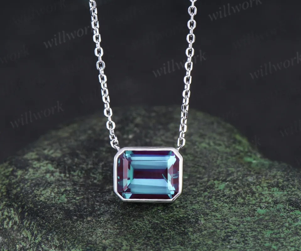 Bezel emerald cut alexandrite pendant minimalist solitare pendant necklace June birthstone gifts for women made by Willwork Jewelry
