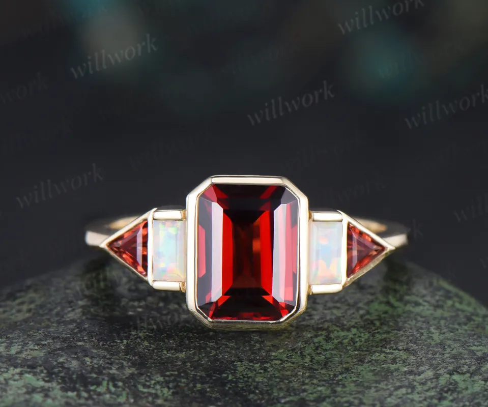 Bezel emerald cut garnet engagement ring baguette opal trilliant garnet ring unique five stones ring for women gifts for her made by Willwork Jewelry