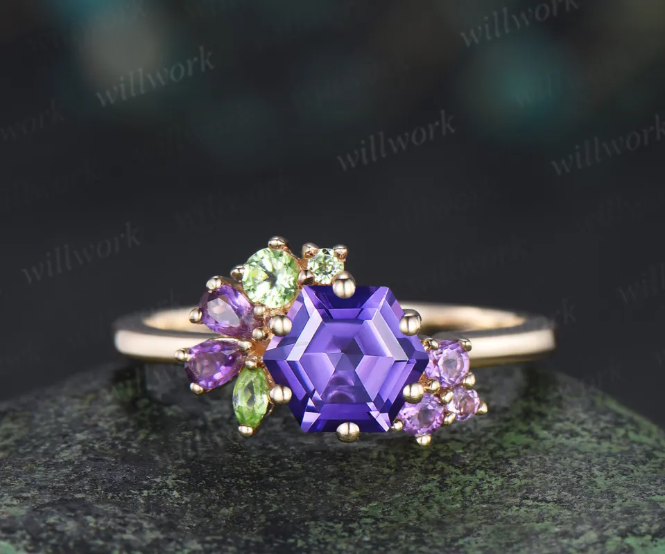 Hexagon cut purple sapphire engagement ring cluster peridot amethyst bridal ring jewelry gifts made by Willwork Jewelry