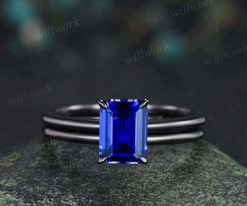 Emerald cut sapphire engagement ring set solitaire black gold ring minimalist band bridal set September birthstone jewelry made by Willwork Jewelry