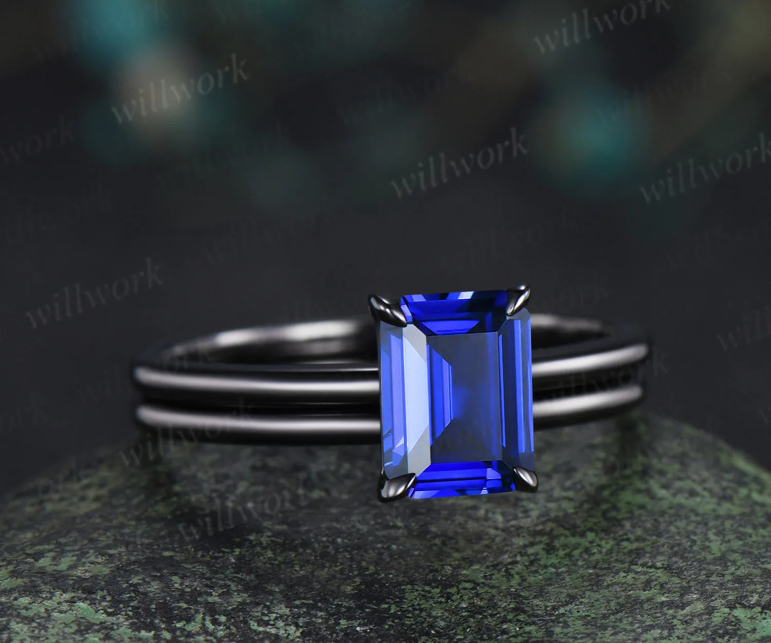 Emerald cut sapphire engagement ring set solitaire black gold ring minimalist band bridal set September birthstone jewelry sold by Willwork Jewelry product image thumbnail 3