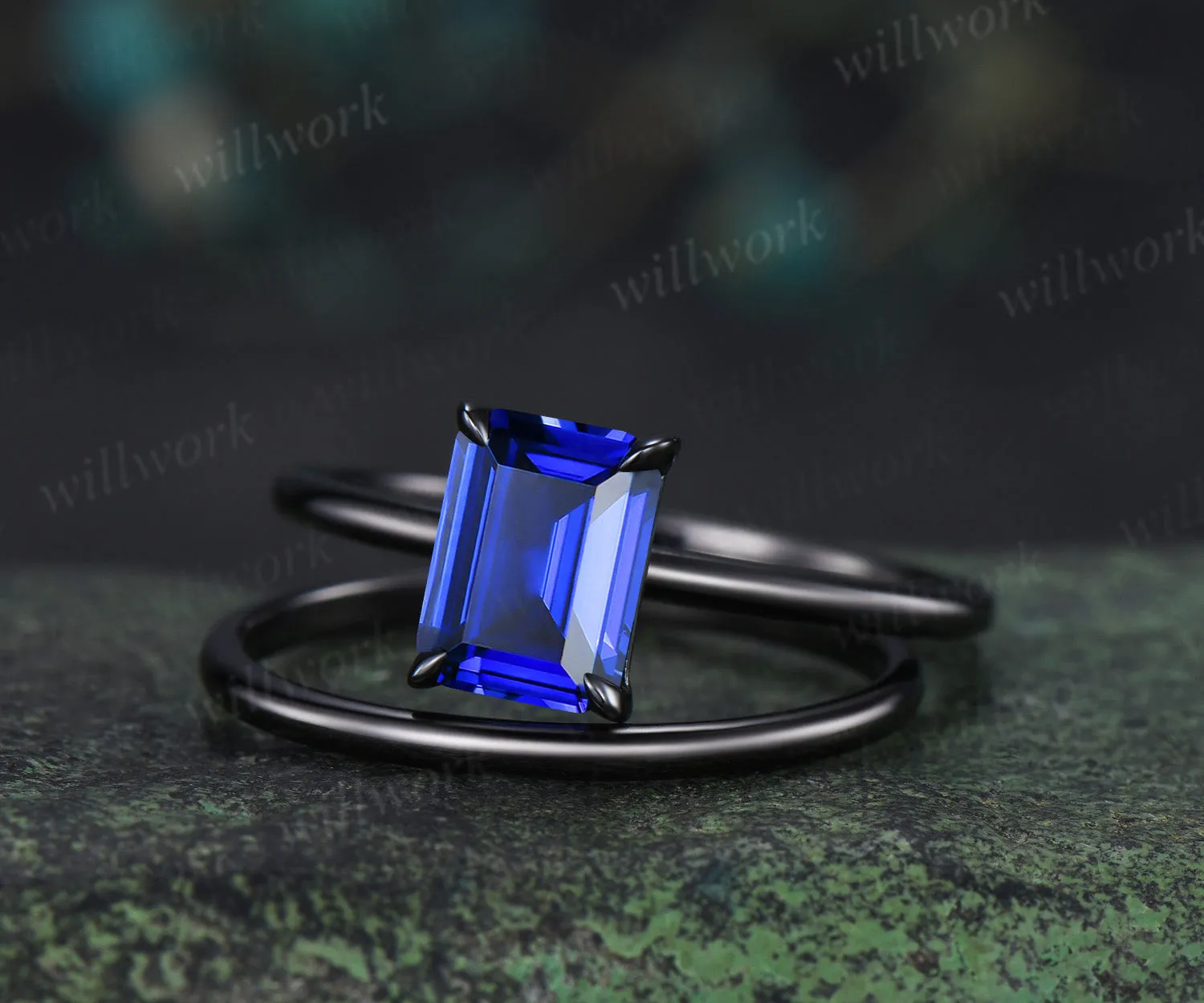 Emerald cut sapphire engagement ring set solitaire black gold ring minimalist band bridal set September birthstone jewelry sold by Willwork Jewelry product image thumbnail 4