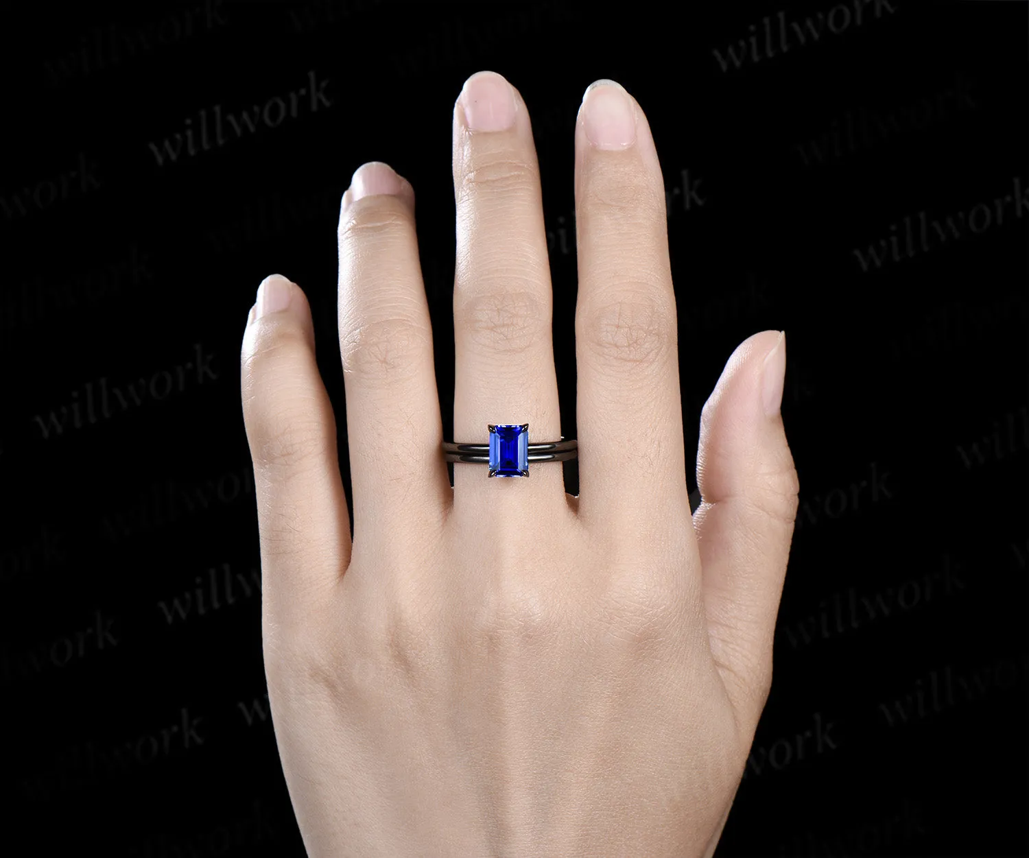 Emerald cut sapphire engagement ring set solitaire black gold ring minimalist band bridal set September birthstone jewelry sold by Willwork Jewelry product image thumbnail 2