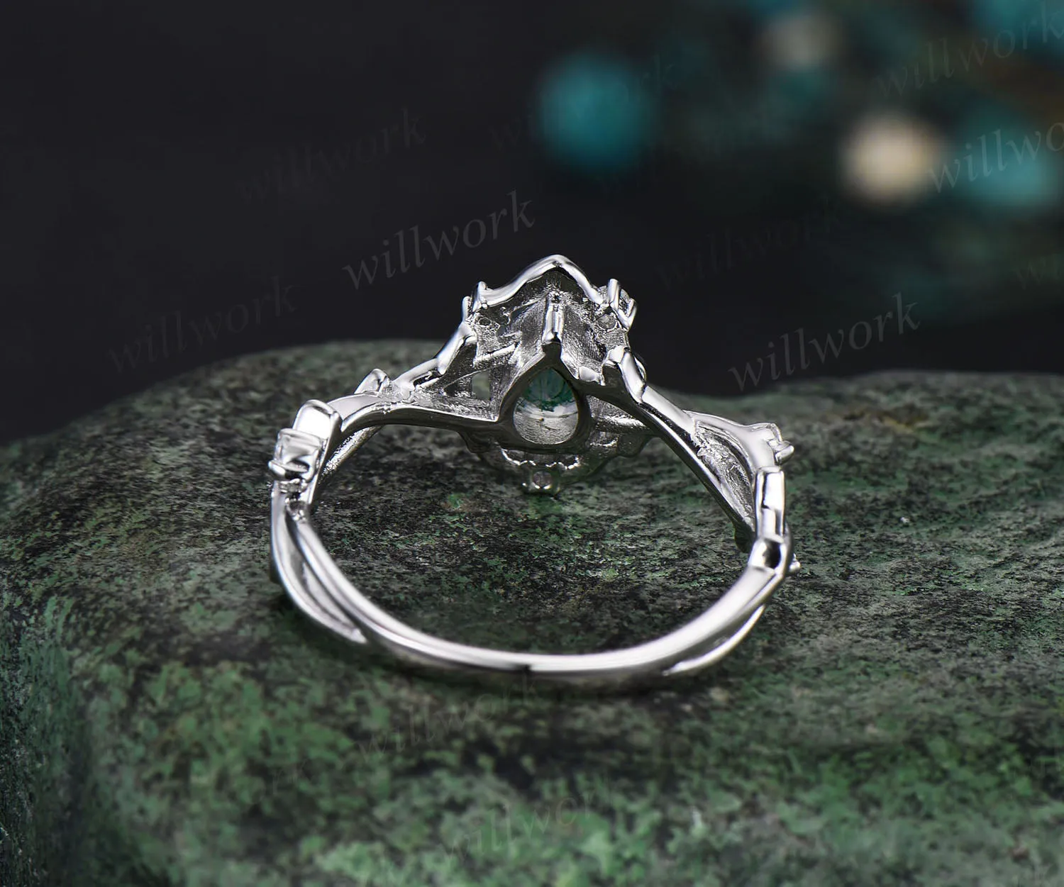 Pear moss agate ring vintage halo leaf branch nature inspired engagement ring white gold Twisted inifinity diamond wedding ring women sold by Willwork Jewelry product image thumbnail 5