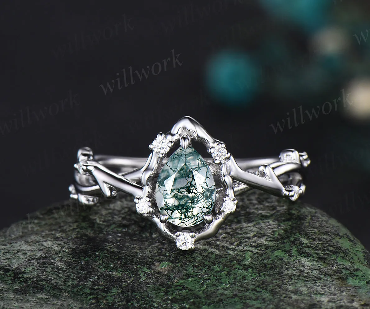 Pear moss agate ring vintage halo leaf branch nature inspired engagement ring white gold Twisted inifinity diamond wedding ring women sold by Willwork Jewelry