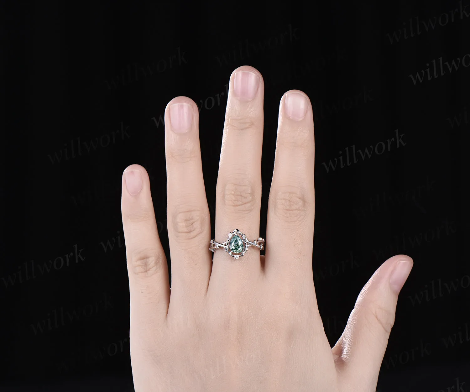 Pear moss agate ring vintage halo leaf branch nature inspired engagement ring white gold Twisted inifinity diamond wedding ring women sold by Willwork Jewelry product image thumbnail 3