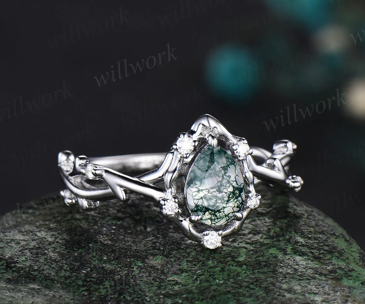 Pear moss agate ring vintage halo leaf branch nature inspired engagement ring white gold Twisted inifinity diamond wedding ring women sold by Willwork Jewelry product image thumbnail 2