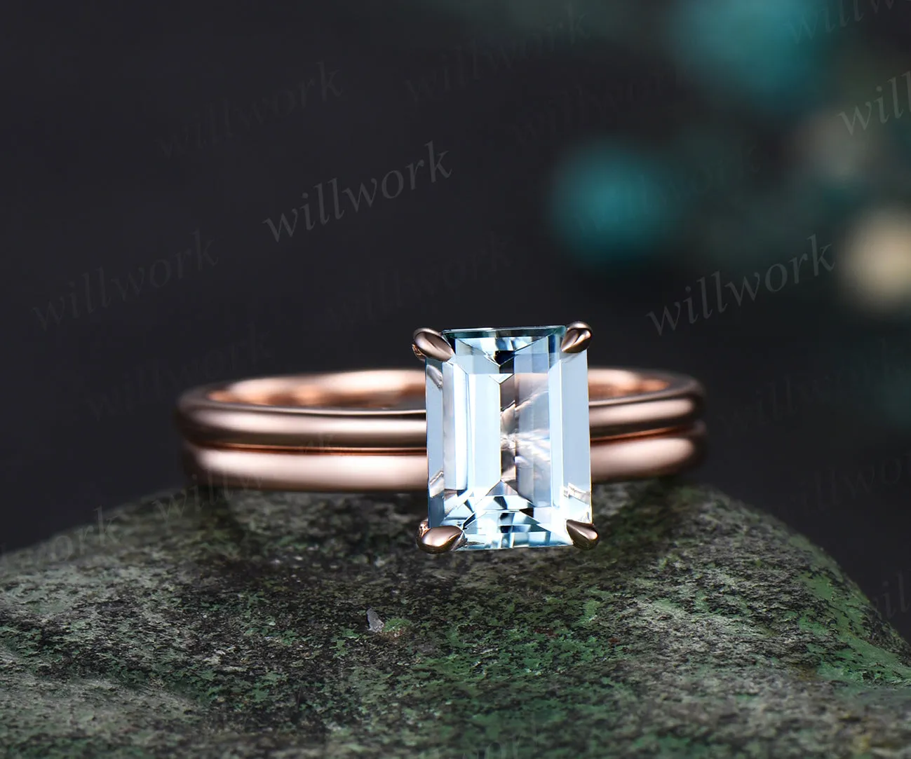 Emerald cut natural aquamarine Solitaire engagement ring set rose gold Minimalist promise bridal ring set sold by Willwork Jewelry product image thumbnail 5