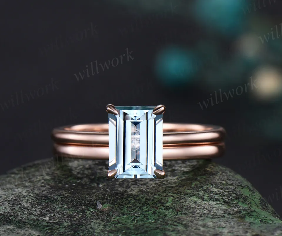 Emerald cut natural aquamarine Solitaire engagement ring set rose gold Minimalist promise bridal ring set sold by Willwork Jewelry