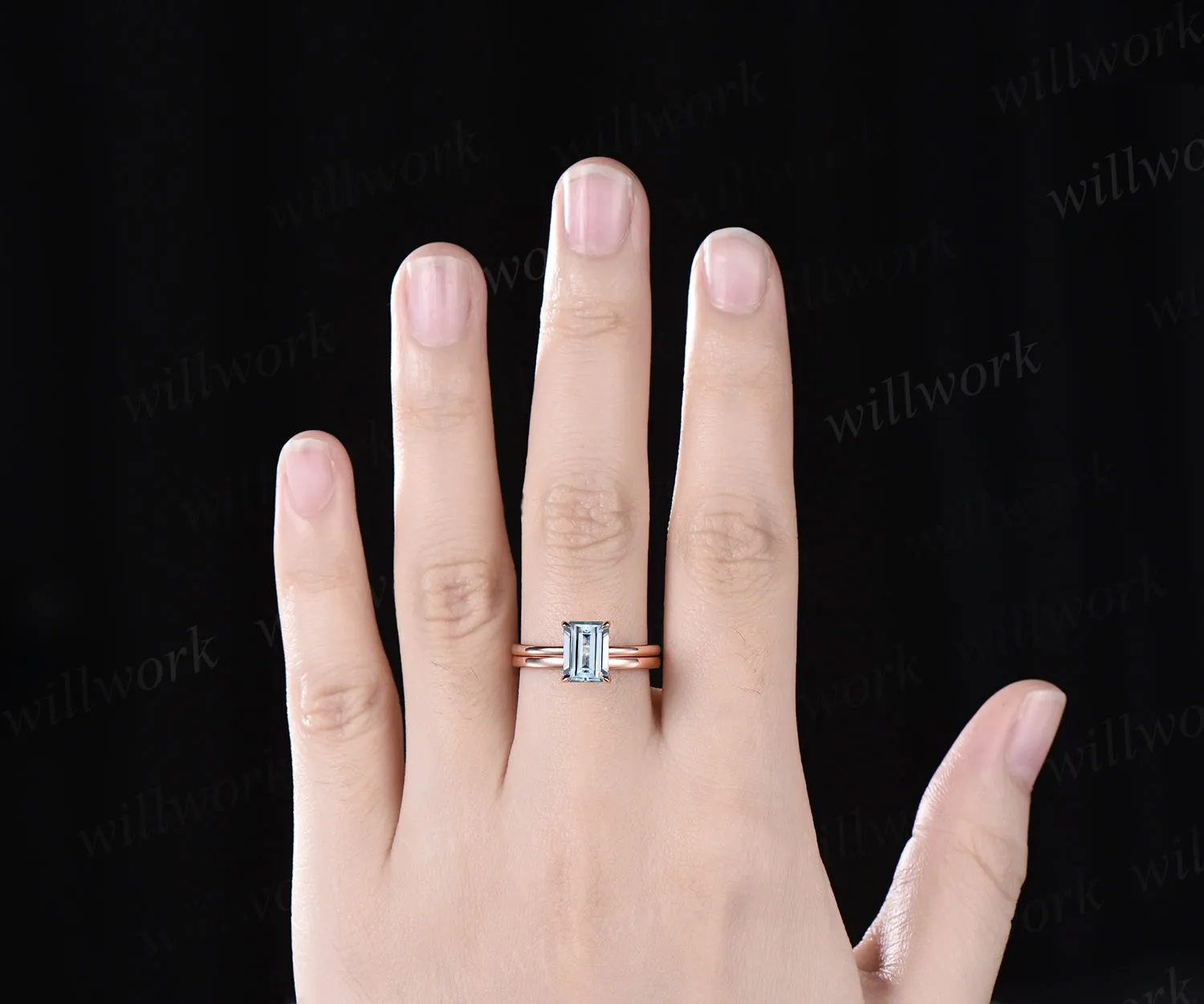 Emerald cut natural aquamarine Solitaire engagement ring set rose gold Minimalist promise bridal ring set sold by Willwork Jewelry product image thumbnail 3