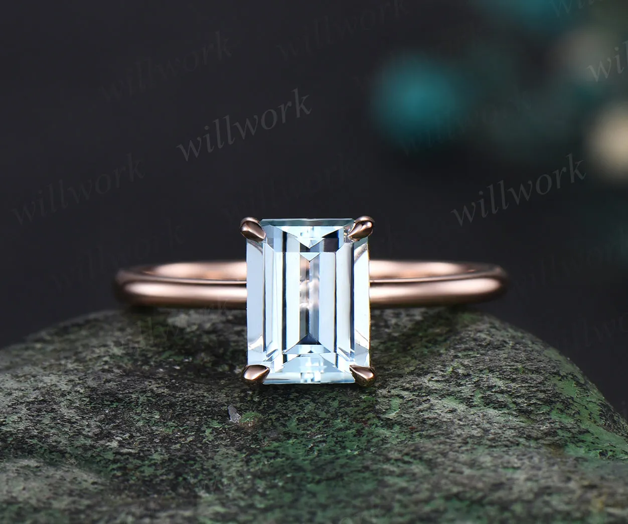 Emerald cut natural aquamarine Solitaire engagement ring set rose gold Minimalist promise bridal ring set sold by Willwork Jewelry product image thumbnail 2
