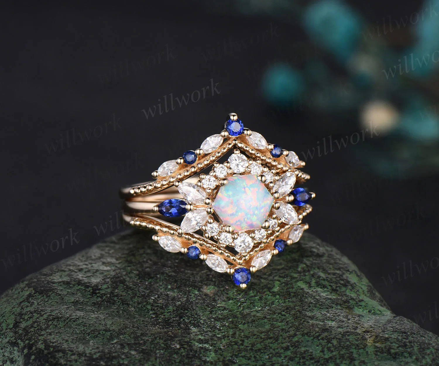 Hexagon white opal engagement ring set 14k yellow gold halo moissanite sapphire wedding ring set sold by Willwork Jewelry product image thumbnail 4